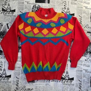 Santoria red striped chevron geometric Women's sweater vintage 80s